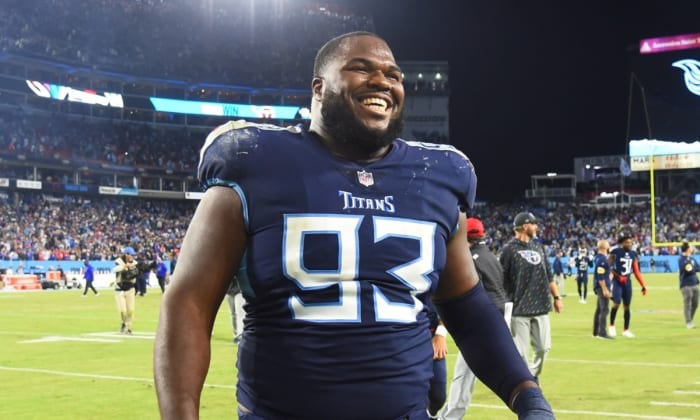 Tennessee Titans nose tackle Teair Tart (93) celebrates after a win against the Buffalo Bills at Nissan Stadium.
